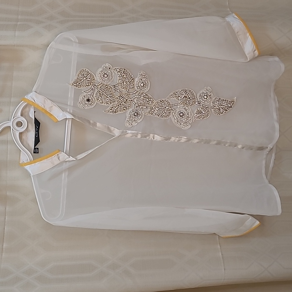 Env White Blouse with Silver Floral Embellishments Size M